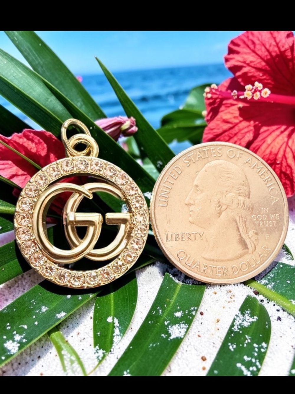 GUCCI GG Crystal Halo Charm Pendant – Gold Tone Double G Circle w/ Pavé Stones - Picture 2 of 3